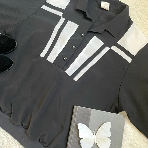 Vintage 80s retro color block casual black and white top - Picture 8 of 13